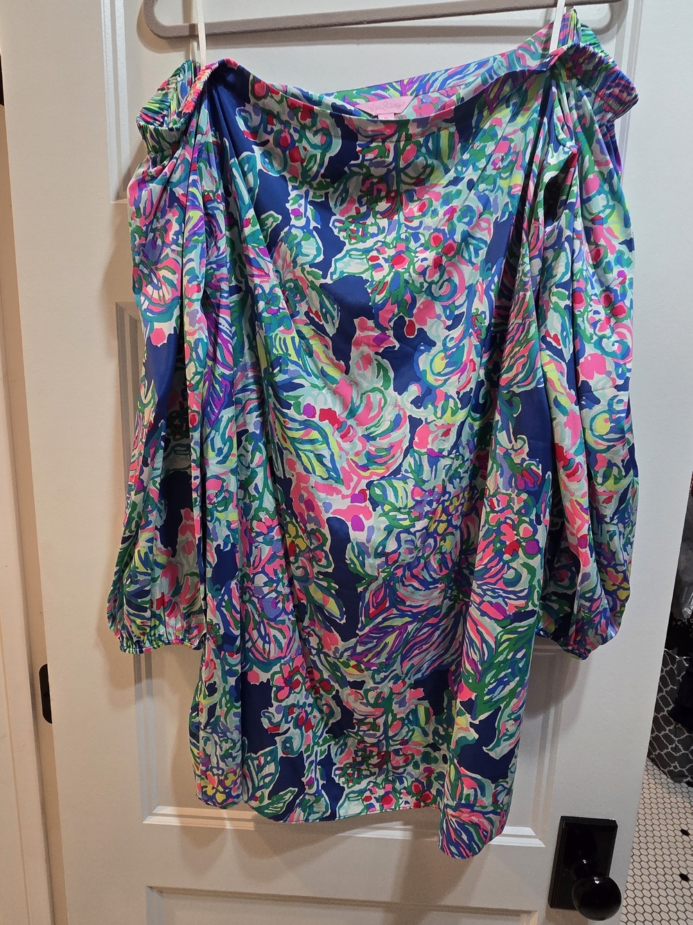 Lilly Pulitzer Off-Shoulder Dress in Navy, Pink, Green & Cream Size XL